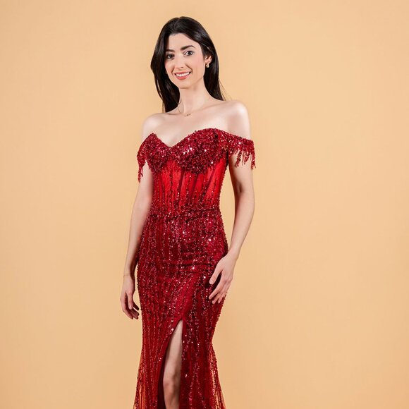 GL Dresses & Skirts - New Elegant Off Shoulder Tulle Dress w/ Beads Embroidery & Sheer Bodice GL3620